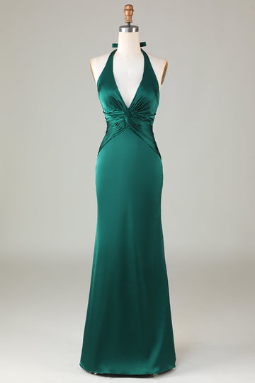 Mermaid Halter Vestido de dama de honor verde oscuro